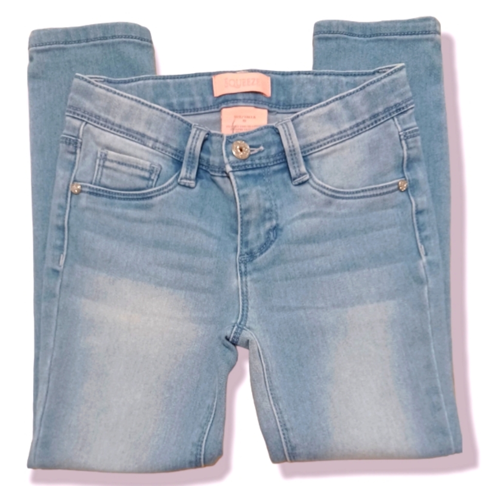 Squeeze Light Wash Embellished Cotton Bld Adj Waist Skinny Jeans Girls Kids Sz 6